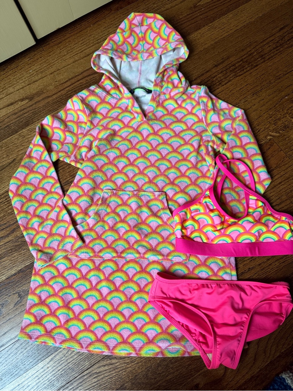 Kids Land’s End Rainbow Hooded Swim Cover-Up with Matching Bikini Set - Pink